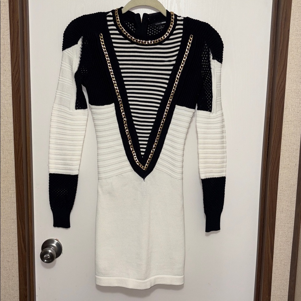 Fashion Nova Black Cream Gold Chain Detail Bodycon Sweater Dress Small Clubwear